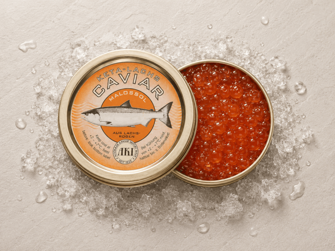 AKI Keta-Lachs Kaviar Malossol in der Dose - AKI Keta Kaviar aus Wildfang - Keta-Lachs Kaviar orangefarbene Perlen - Keta Kaviar Oncorhynchus keta - AKI Keta-Lachs Kaviar in der Dose